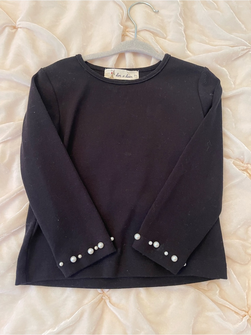Girls' Black Long Sleeve Top with Pearl Cuff Detail
